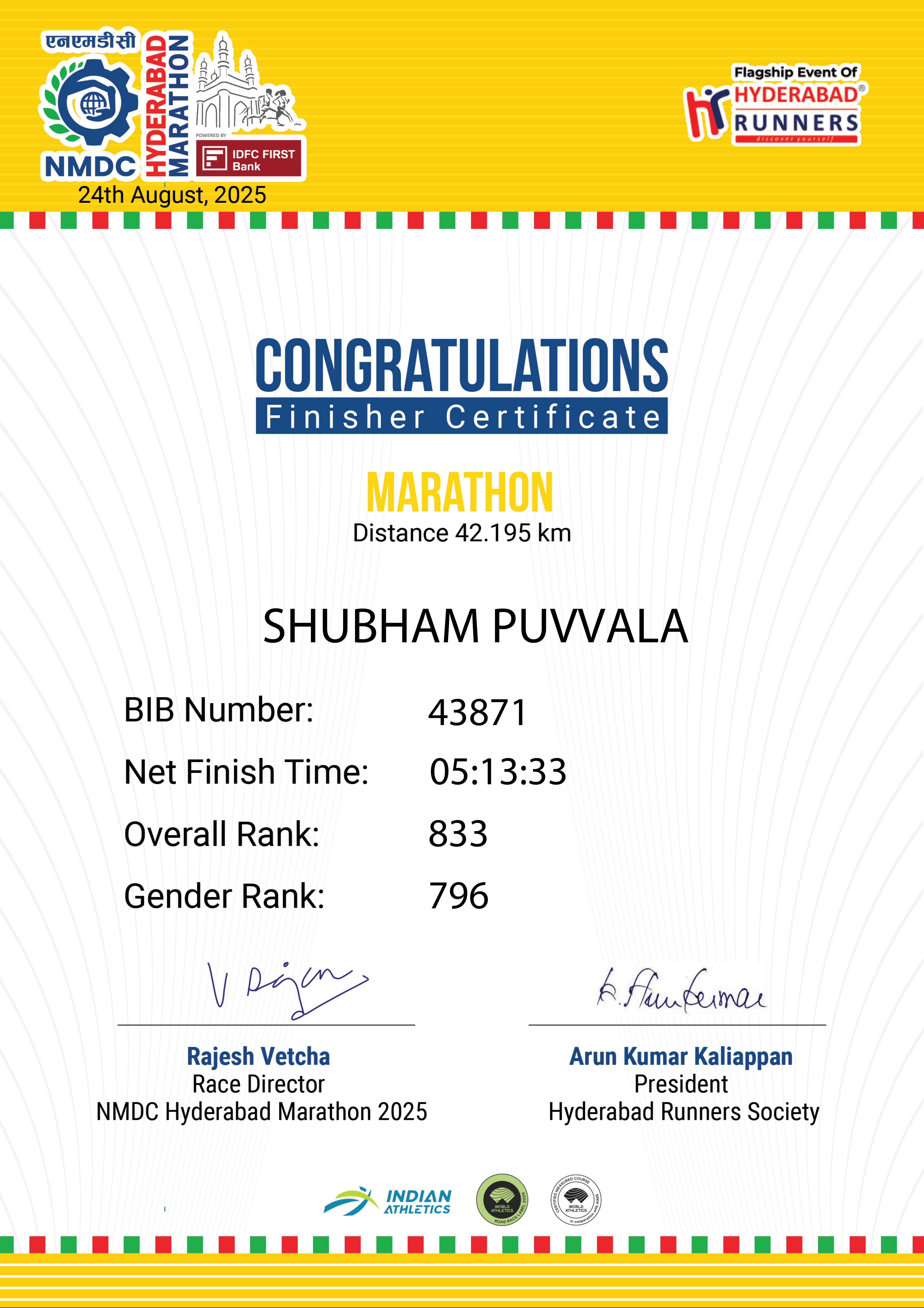 NMDC Hyderabad Marathon 2025 Certificate